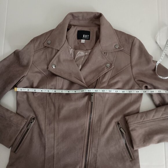 Kut from the Kloth Tan Faux Suede Quilted Panel Moto Jacket Women’s Size Medium - Picture 12 of 16